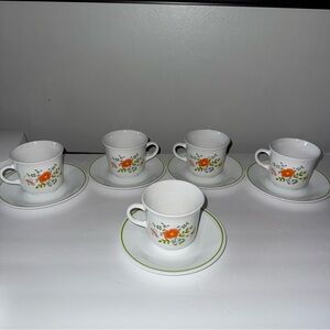 Vintage Corning Corelle Wildflower Cup and Saucer Green Band Floral Set of 5